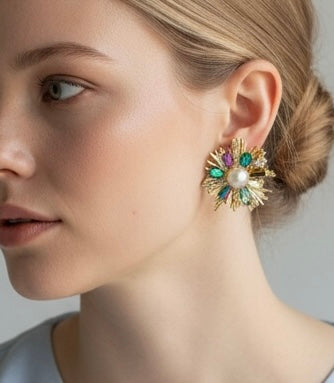 ✨ Radiant Pearl Burst Statement Earrings – Colorful Luxury Glow