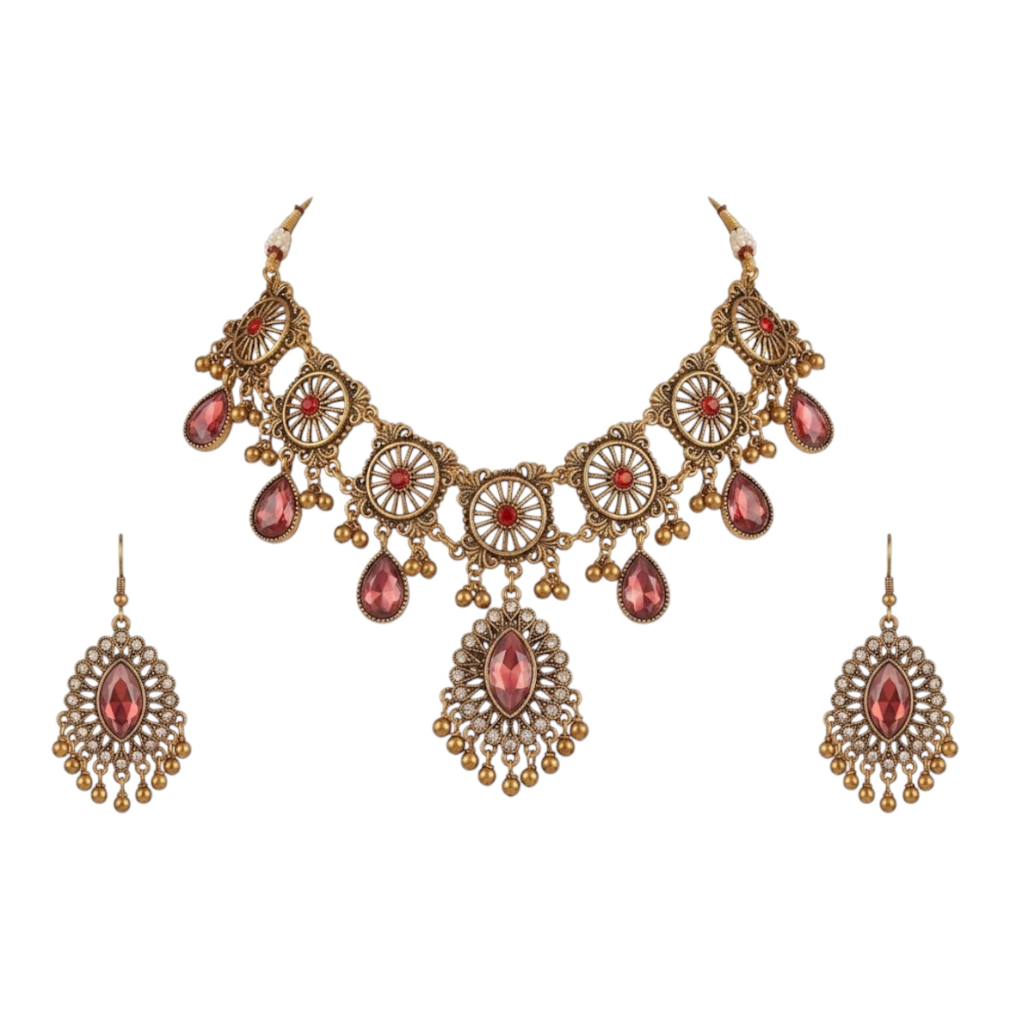 Klasik Vintage Royal Garnet Jewelry Set (Necklace + Earrings)