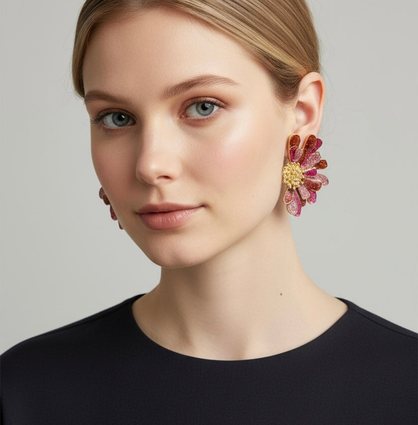 Tri-Tone Glitter Petal Statement Earrings