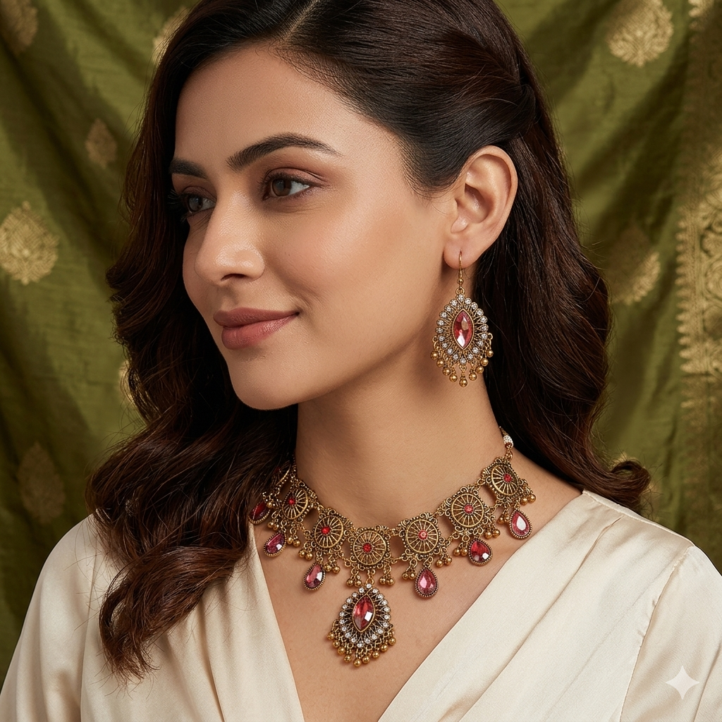 Klasik Vintage Royal Garnet Jewelry Set (Necklace + Earrings)