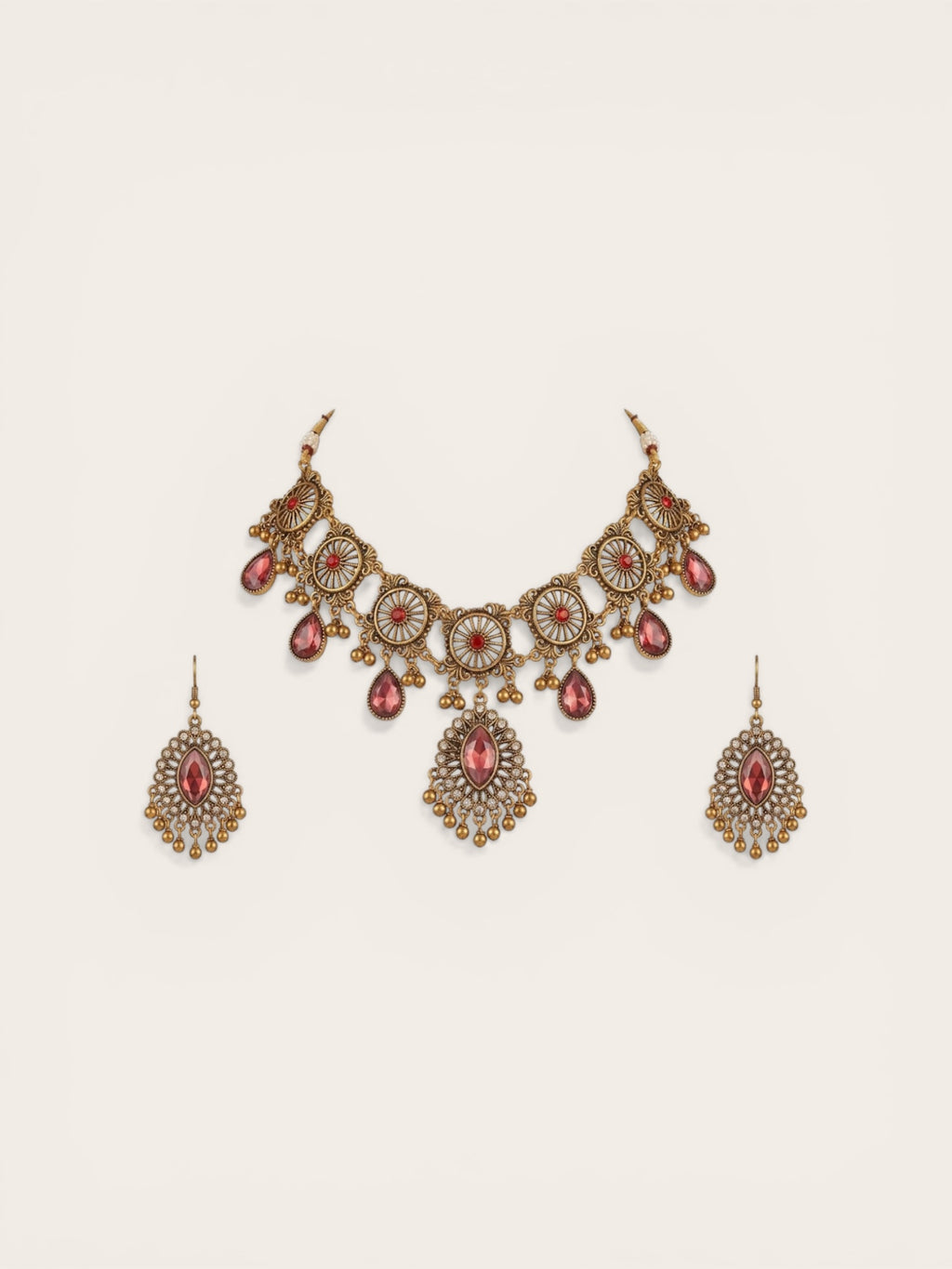 Klasik Vintage Royal Garnet Jewelry Set (Necklace + Earrings)