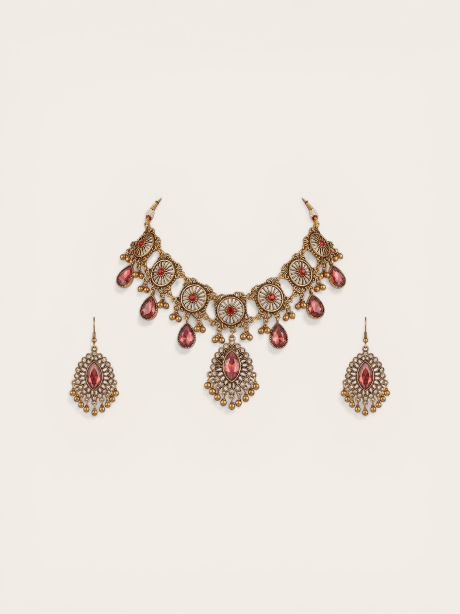 Klasik Vintage Royal Garnet Jewelry Set (Necklace + Earrings)