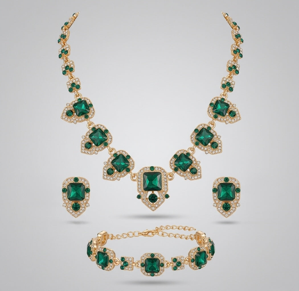 Klasik Emerald Royale Jewelry Set (Necklace, Earrings & Bracelet)