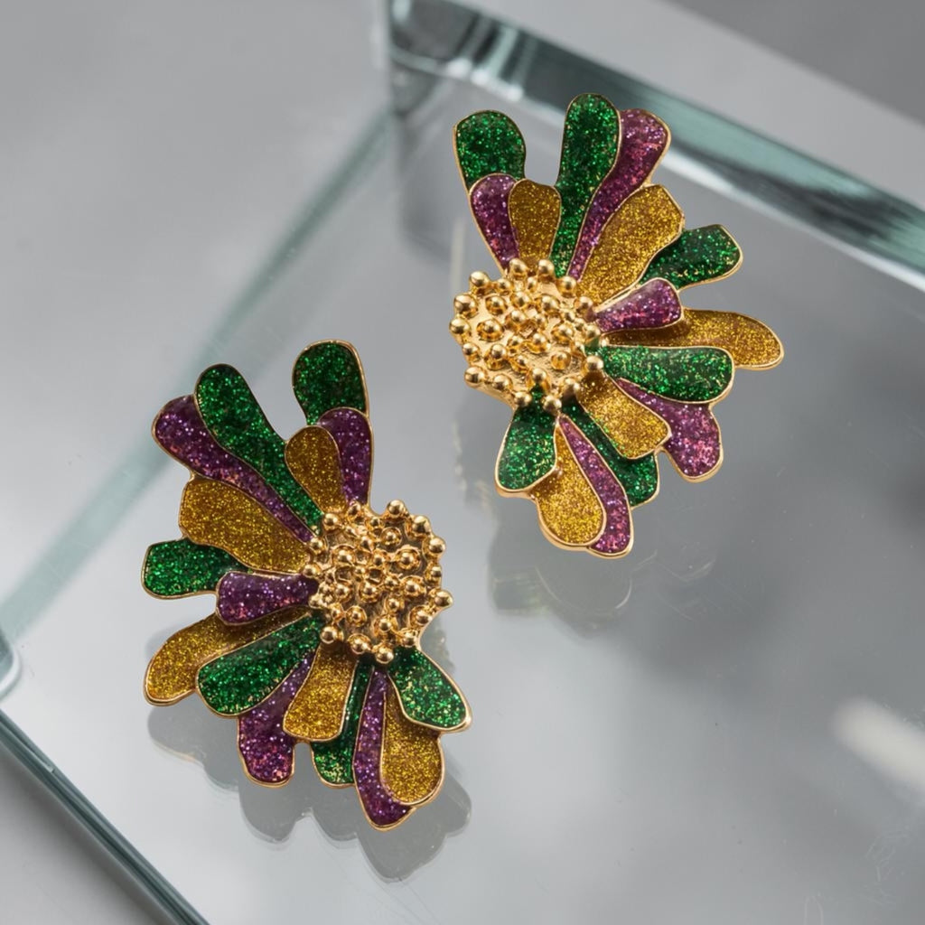 Tri-Tone Glitter Petal Statement Earrings